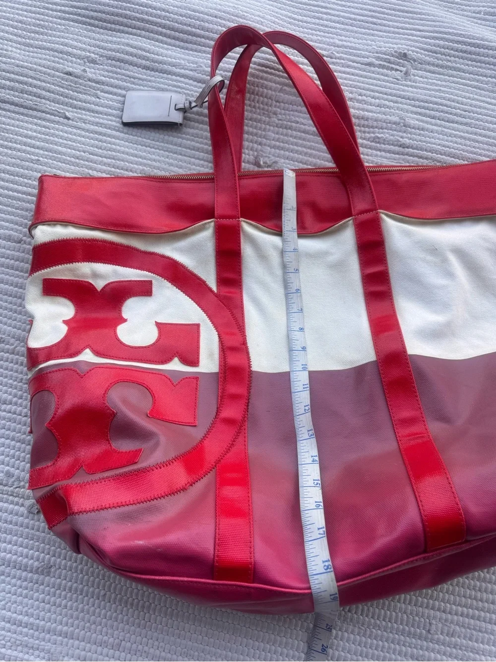 Tory Burch Ella Tote Red Canvas Beach Travel Bag Large Fair Condition